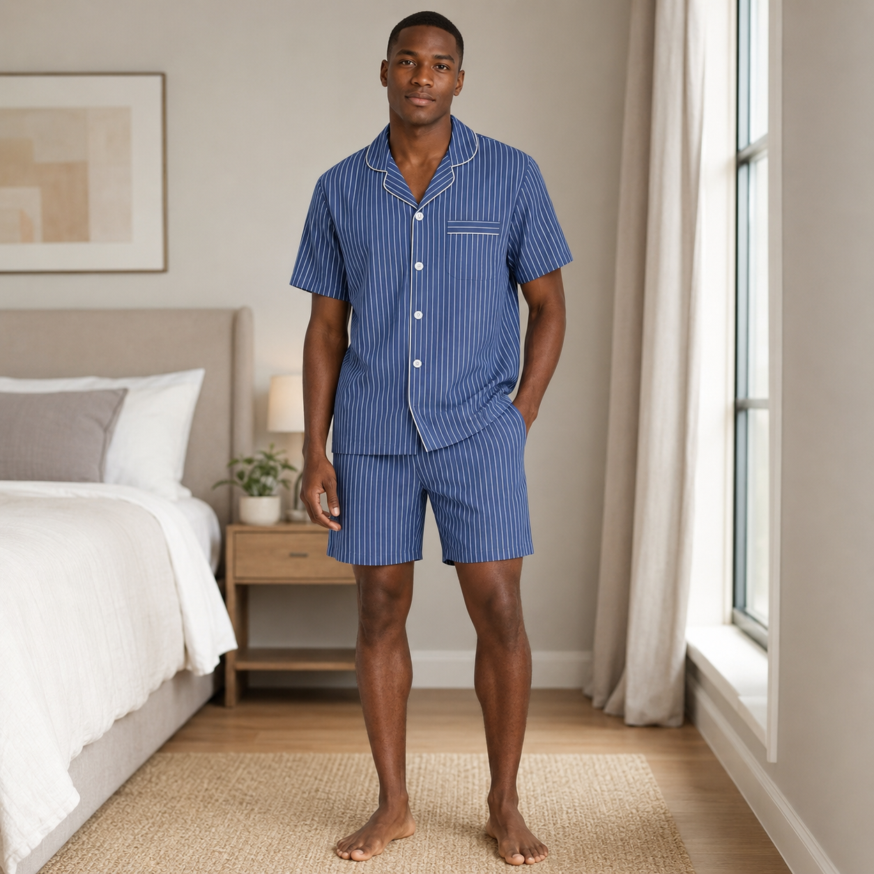 Cool Blue Striped Men’s Short Sleeve Pajama Set
