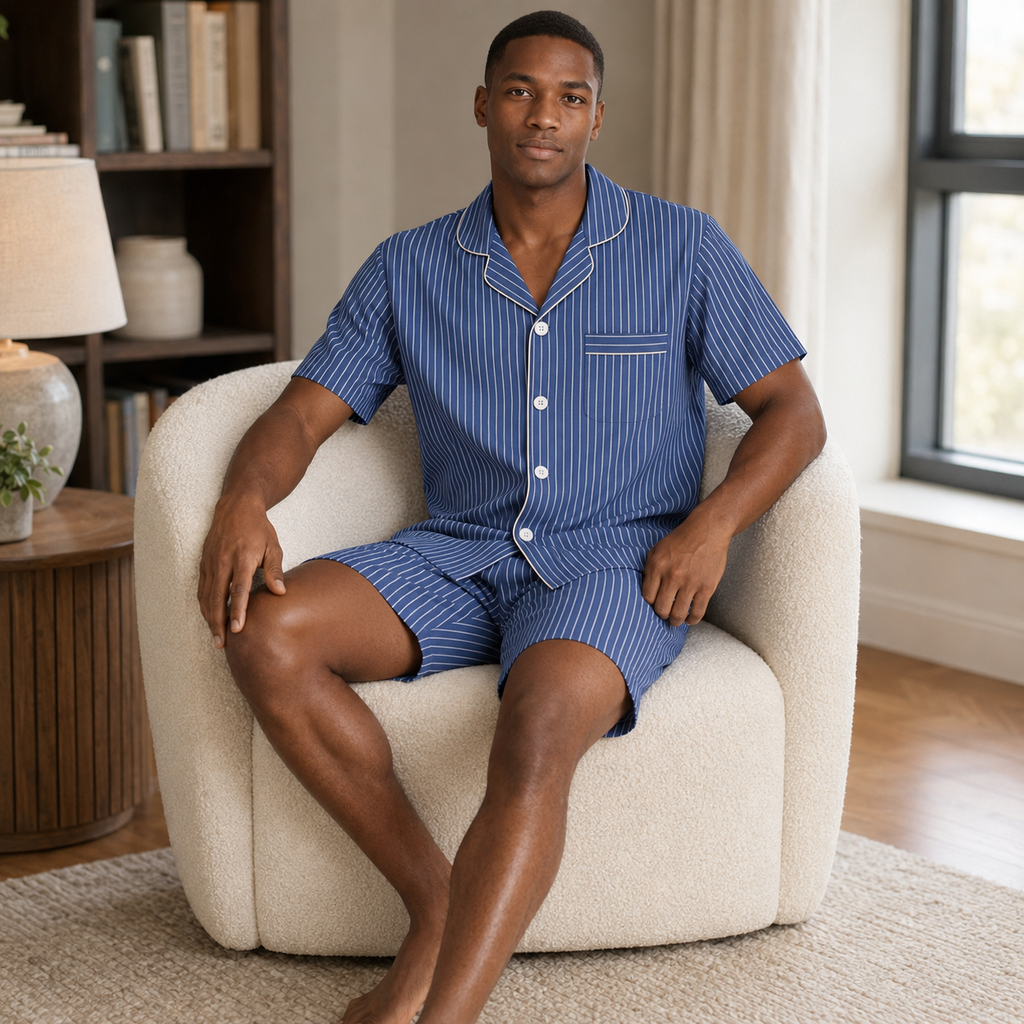 Cool Blue Striped Men’s Short Sleeve Pajama Set