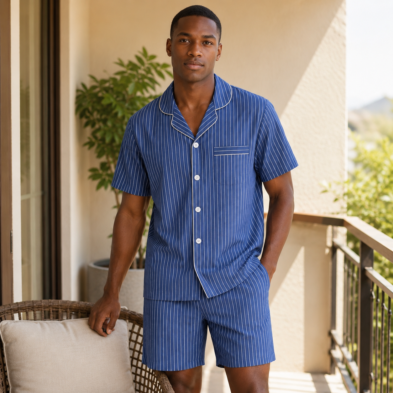 Cool Blue Striped Men’s Short Sleeve Pajama Set