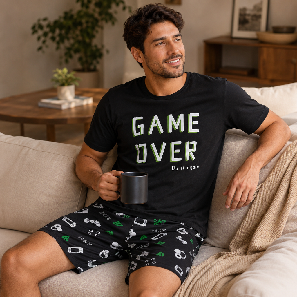 Game Over Men’s Graphic Pajama Shorts Set – Black