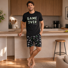 Load image into Gallery viewer, Game Over Men’s Graphic Pajama Shorts Set – Black
