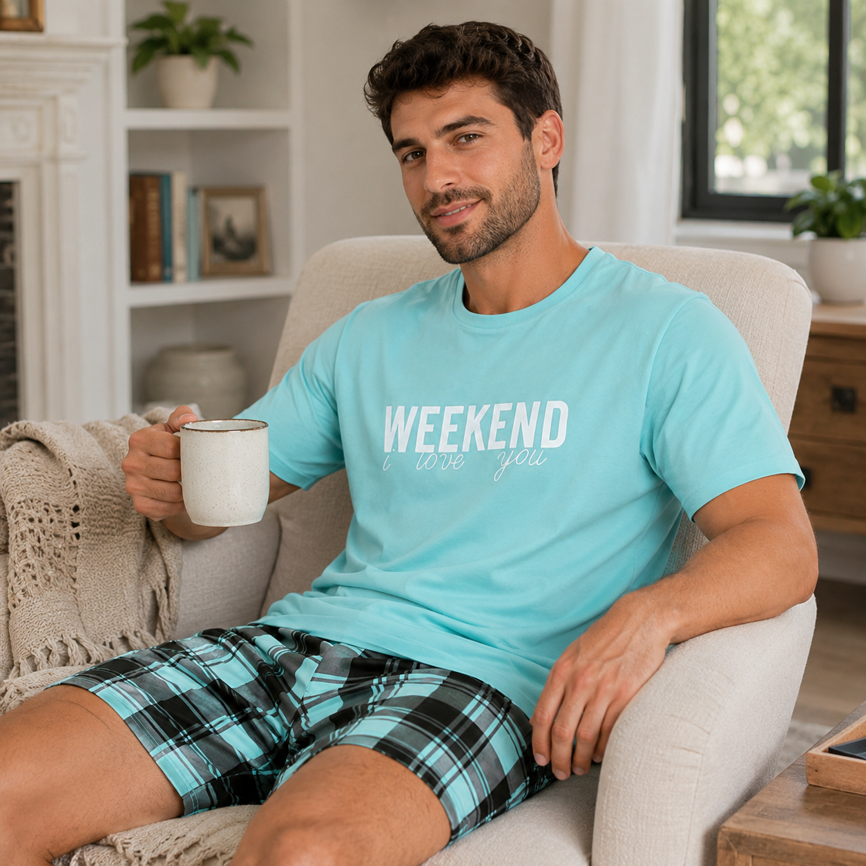 Weekend Comfort Men’s Letter Print Pajama Shorts Set – Multicolor