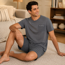Load image into Gallery viewer, Men’s Grey Striped Pocket Pajama Shorts Set
