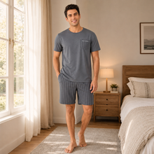 Load image into Gallery viewer, Men’s Grey Striped Pocket Pajama Shorts Set

