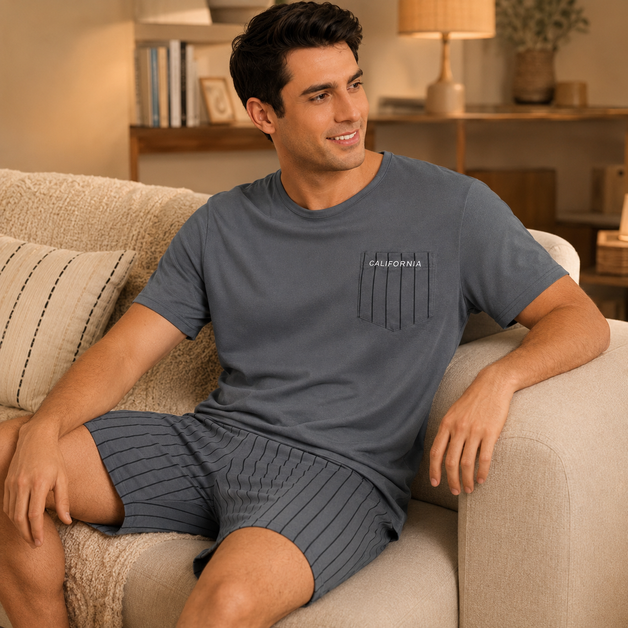 Men’s Grey Striped Pocket Pajama Shorts Set