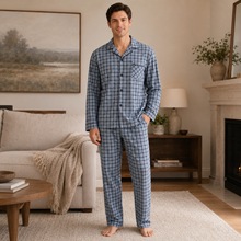 Load image into Gallery viewer, Men’s Blue Green Plaid Broadcloth Pajama Set
