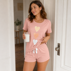 Triple Heart Women’s Short Sleeve Pajama Shorts Set – Light Grey