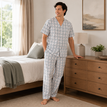 Load image into Gallery viewer, Men’s Navy White Check Broadcloth Pajama Set
