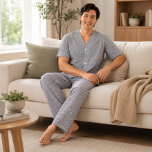 Load image into Gallery viewer, Men’s Navy White Check Broadcloth Pajama Set
