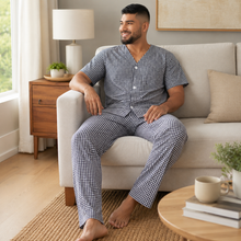 Load image into Gallery viewer, Men’s Navy White Check Broadcloth Pajama Set
