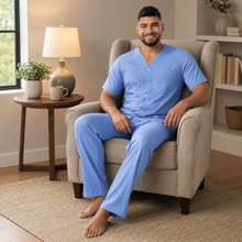 Load image into Gallery viewer, Men’s Navy White Check Broadcloth Pajama Set
