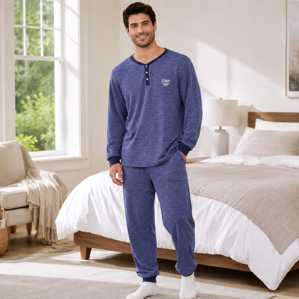Men’s Navy Melange Henley Collar Pajama Set
