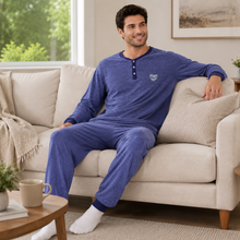 Load image into Gallery viewer, Men’s Navy Melange Henley Collar Pajama Set
