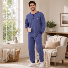 Load image into Gallery viewer, Men’s Navy Melange Henley Collar Pajama Set
