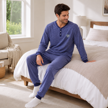 Load image into Gallery viewer, Men’s Navy Melange Henley Collar Pajama Set
