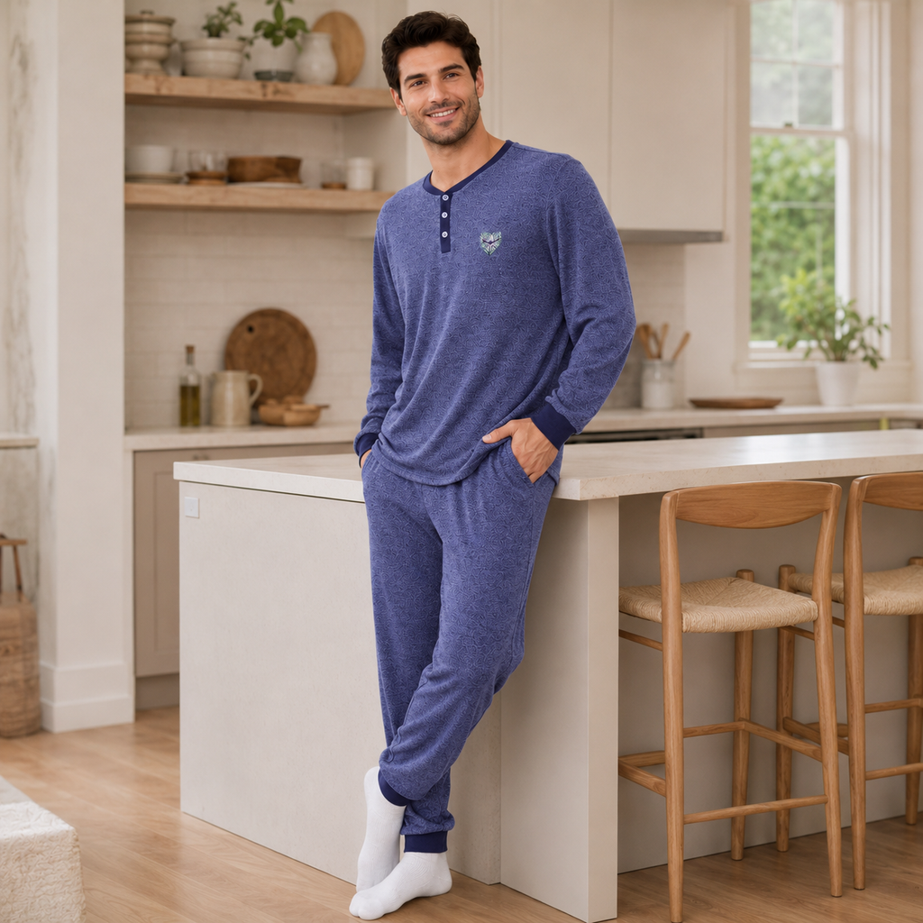 Men’s Navy Melange Henley Collar Pajama Set