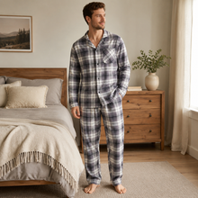 Load image into Gallery viewer, Men’s Plaid Cotton Flannel Button-Down Pajama Set
