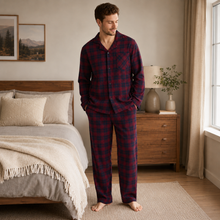 Load image into Gallery viewer, Men’s Plaid Cotton Flannel Button-Down Pajama Set
