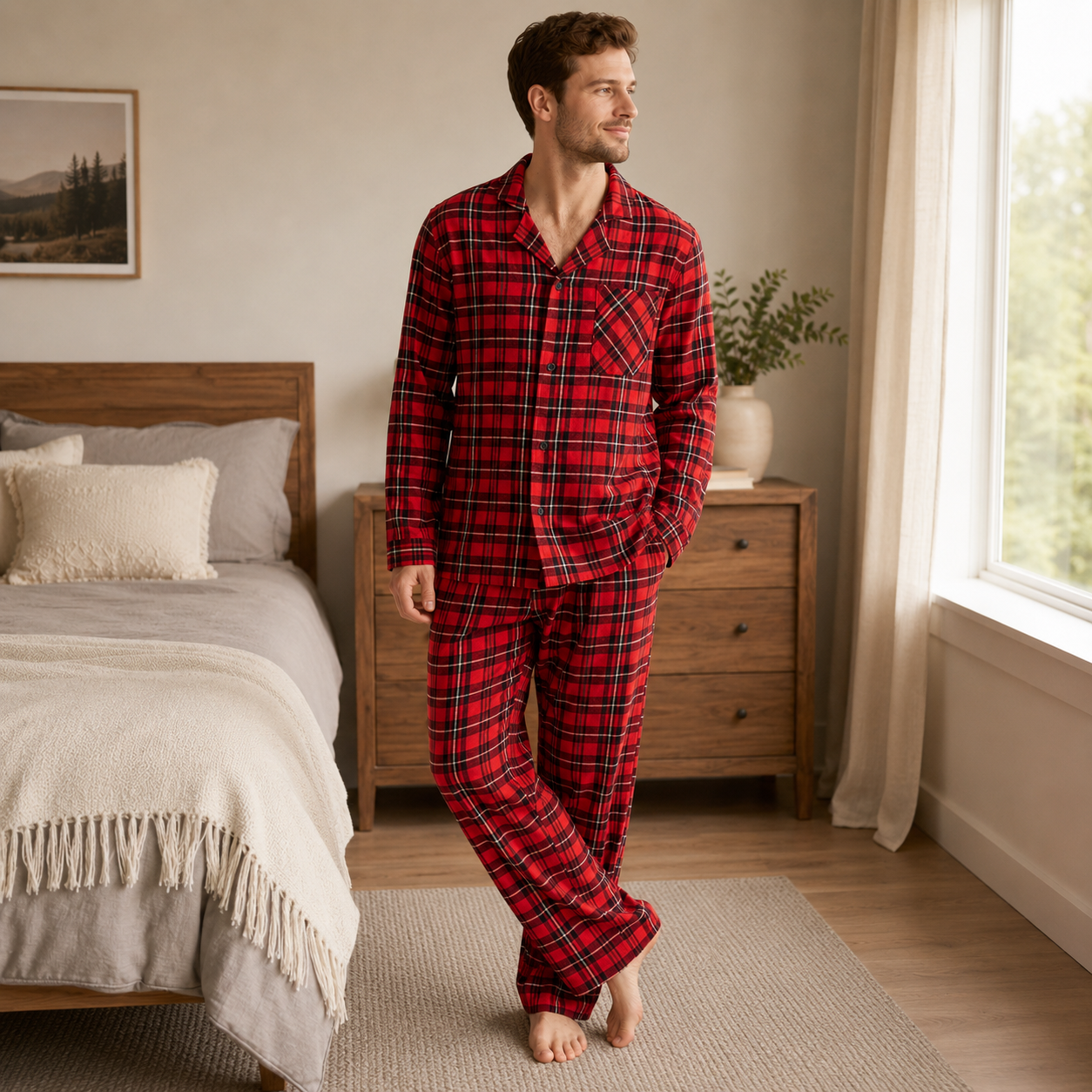 Men’s Plaid Cotton Flannel Button-Down Pajama Set