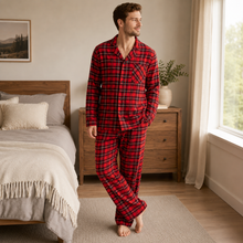 Load image into Gallery viewer, Men’s Plaid Cotton Flannel Button-Down Pajama Set
