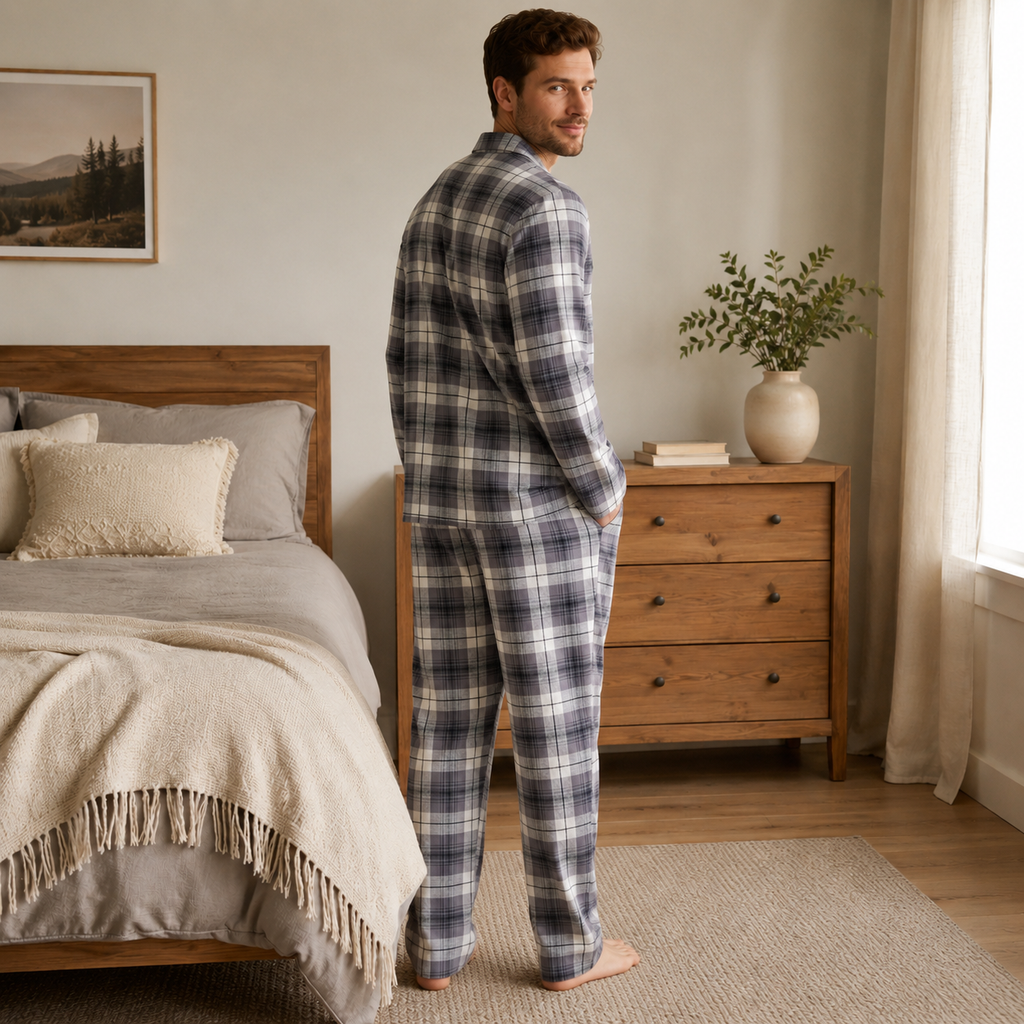 Men’s Plaid Cotton Flannel Button-Down Pajama Set
