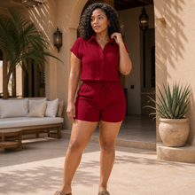 Load image into Gallery viewer, Women’s Textured Button-Front Blouse &amp; Knotted Shorts Vacation Set
