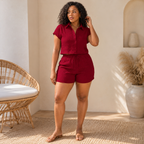 Women’s Textured Button-Front Blouse & Knotted Shorts Vacation Set