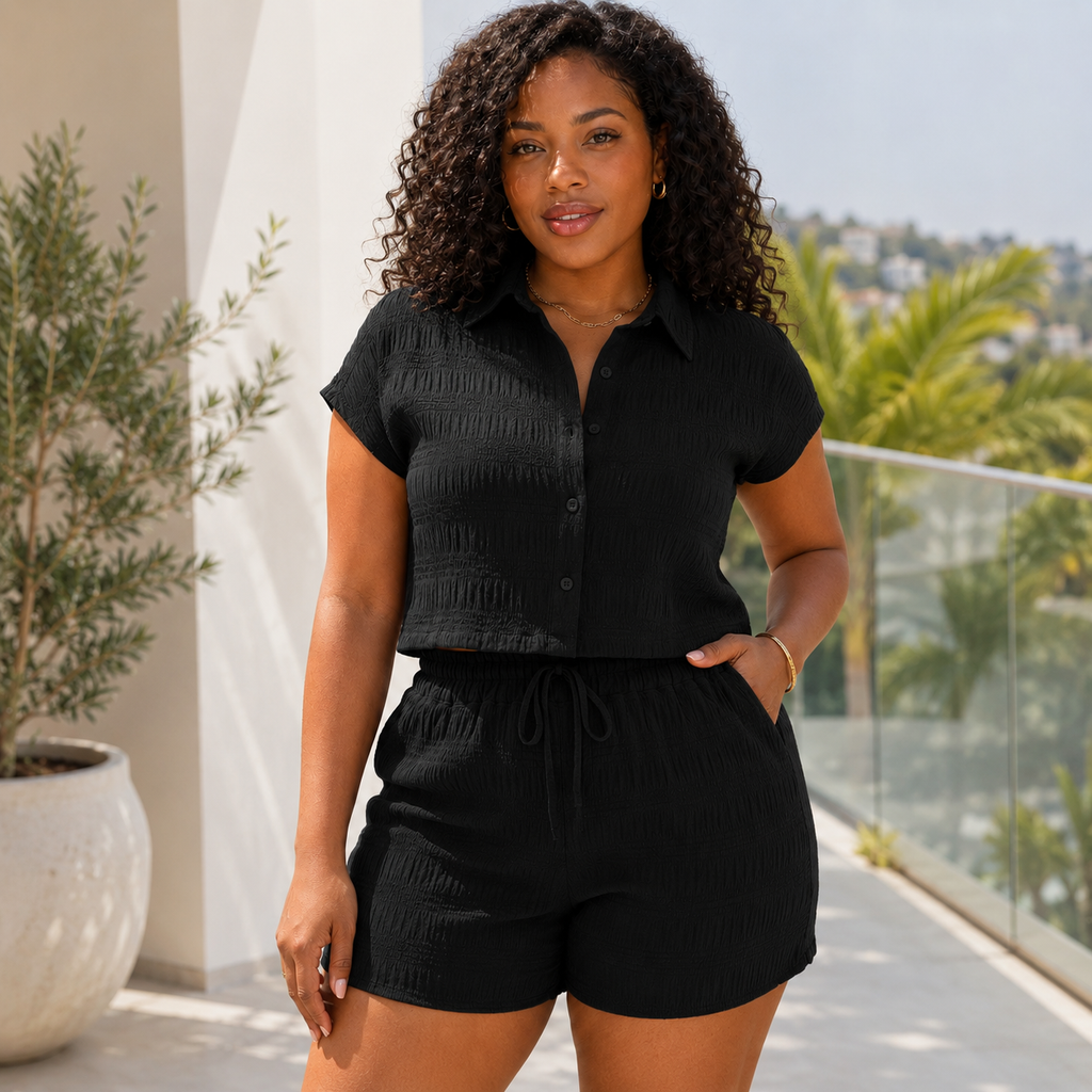 Women’s Textured Button-Front Blouse & Knotted Shorts Vacation Set