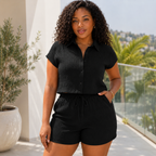 Women’s Textured Button-Front Blouse & Knotted Shorts Vacation Set