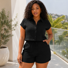 Load image into Gallery viewer, Women’s Textured Button-Front Blouse &amp; Knotted Shorts Vacation Set
