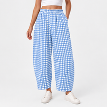 Load image into Gallery viewer, Women’s Gingham Check Barrel-Leg Pants with Elastic Waist &amp; Pockets
