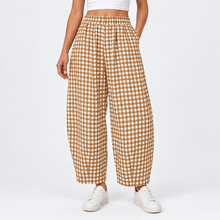 Load image into Gallery viewer, Women’s Gingham Check Barrel-Leg Pants with Elastic Waist &amp; Pockets
