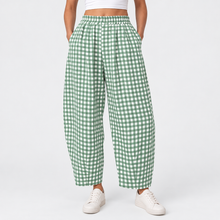 Load image into Gallery viewer, Women’s Gingham Check Barrel-Leg Pants with Elastic Waist &amp; Pockets
