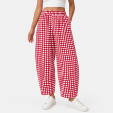 Load image into Gallery viewer, Women’s Gingham Check Barrel-Leg Pants with Elastic Waist &amp; Pockets
