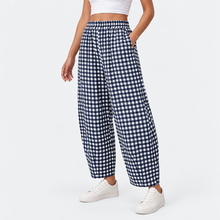 Load image into Gallery viewer, Women’s Gingham Check Barrel-Leg Pants with Elastic Waist &amp; Pockets
