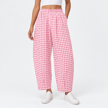 Load image into Gallery viewer, Women’s Gingham Check Barrel-Leg Pants with Elastic Waist &amp; Pockets
