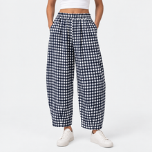Load image into Gallery viewer, Women’s Gingham Check Barrel-Leg Pants with Elastic Waist &amp; Pockets
