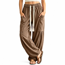 Load image into Gallery viewer, Women’s Ribbed Wide-Leg Cargo Pants with Drawstring Waist &amp; Pockets
