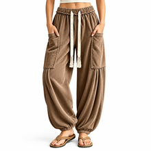 Load image into Gallery viewer, Women’s Ribbed Wide-Leg Cargo Pants with Drawstring Waist &amp; Pockets
