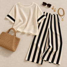 Load image into Gallery viewer, Women’s Relaxed Stripe Wide-Leg Pants &amp; Oversized Top Set
