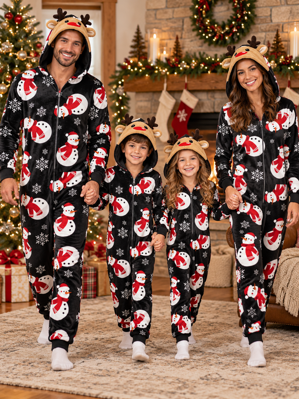 Family Black Snowman Hooded Jumpsuit Christmas Pajamas