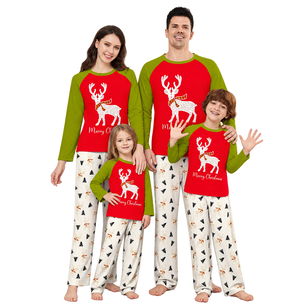 Contrast Reindeer Print Christmas Family Pyjama Set