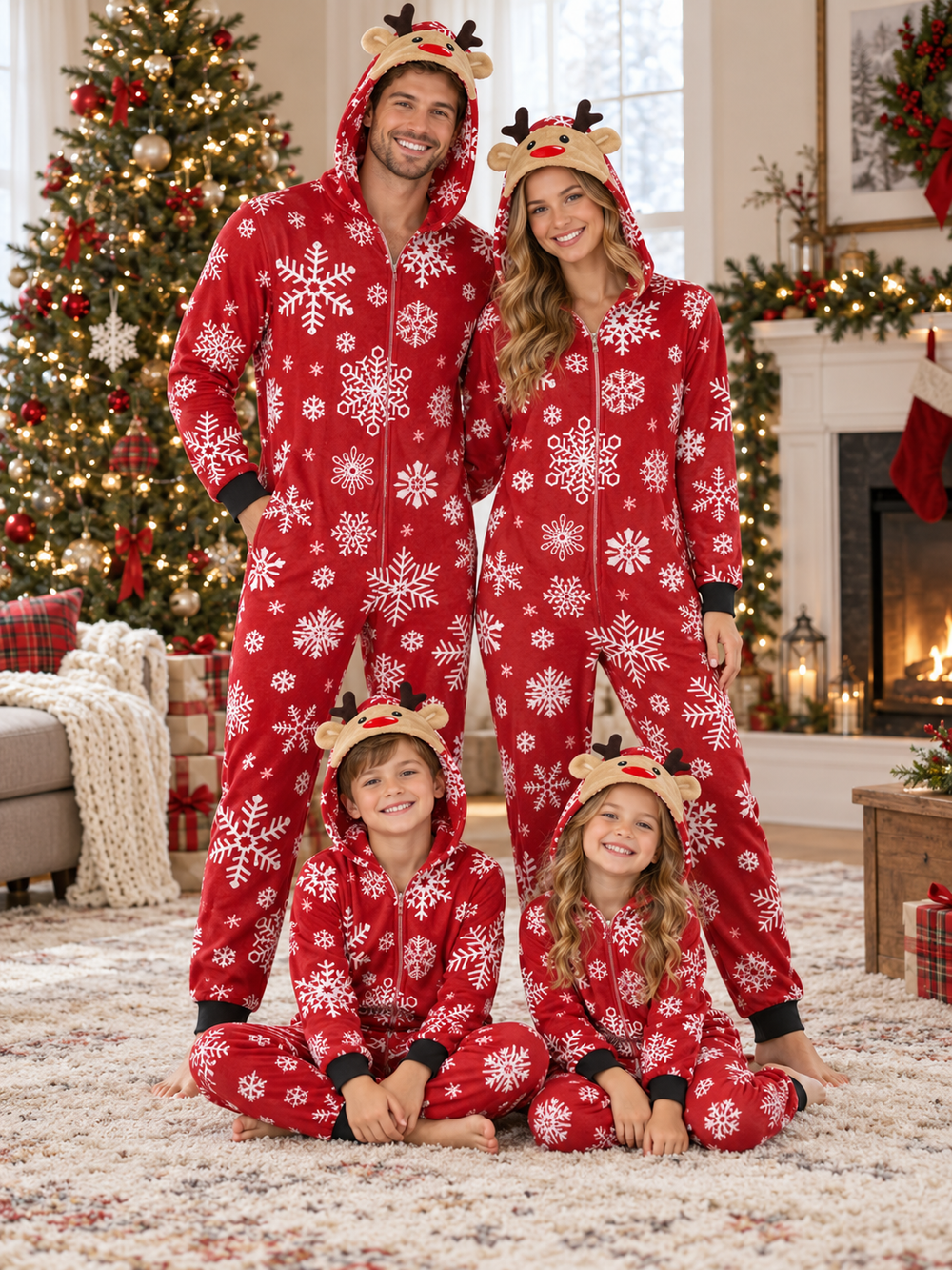 Family Red Snowflake Hooded Jumpsuit Christmas Pajamas