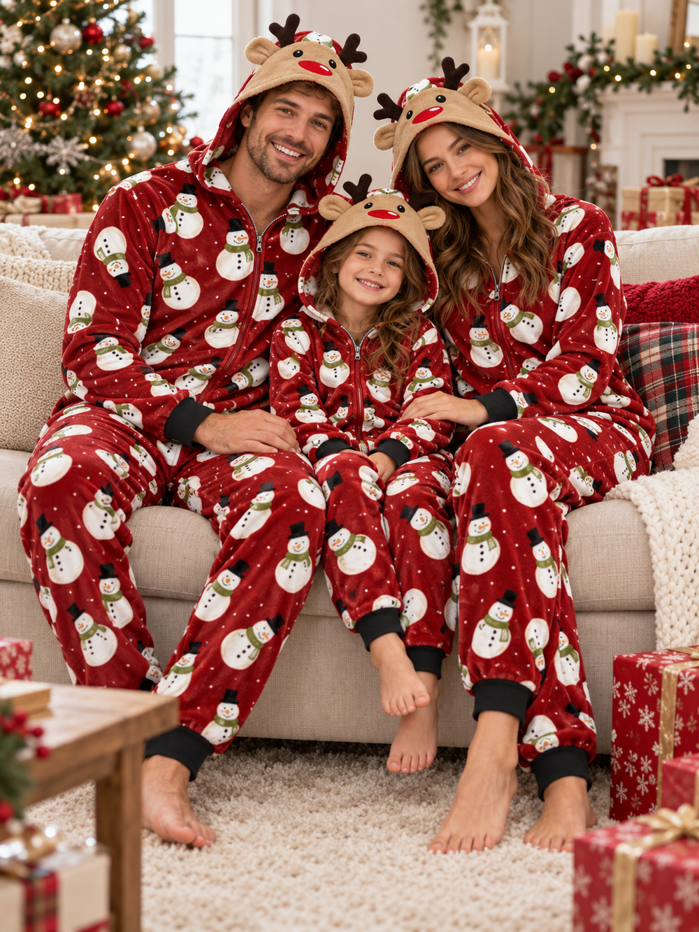 Family Red Snowman Hooded Jumpsuit Christmas Pajamas