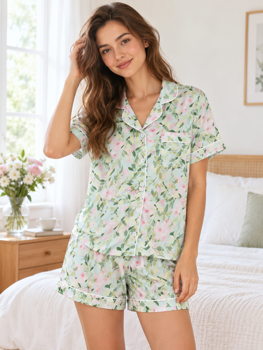 Women's Green Cotton Shorts Pajama Set