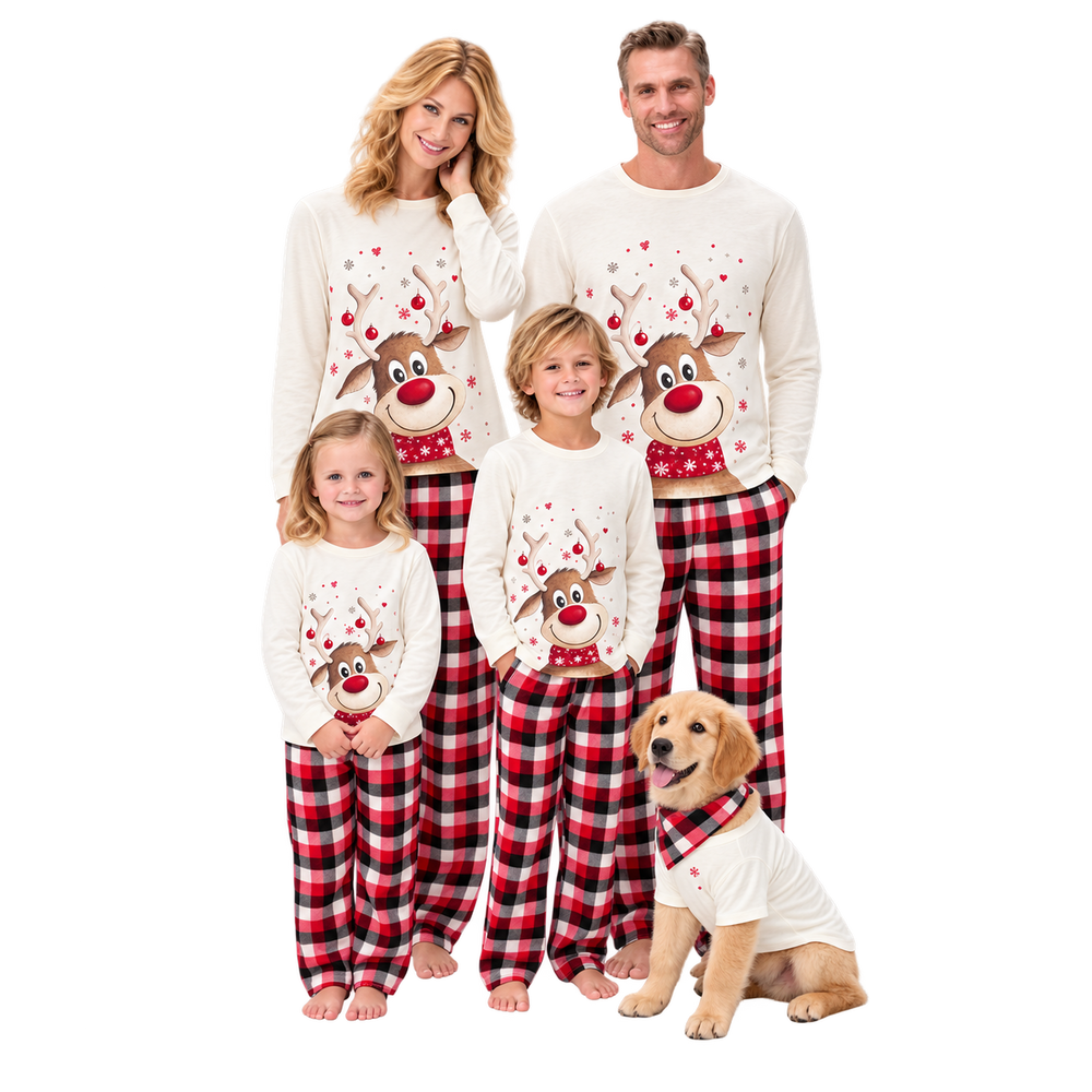 A family of four and a dog wearing matching Christmas pajamas against a solid white background. The pajamas feature a white long-sleeve top with a red and white reindeer graphic, paired with red and black plaid pants.