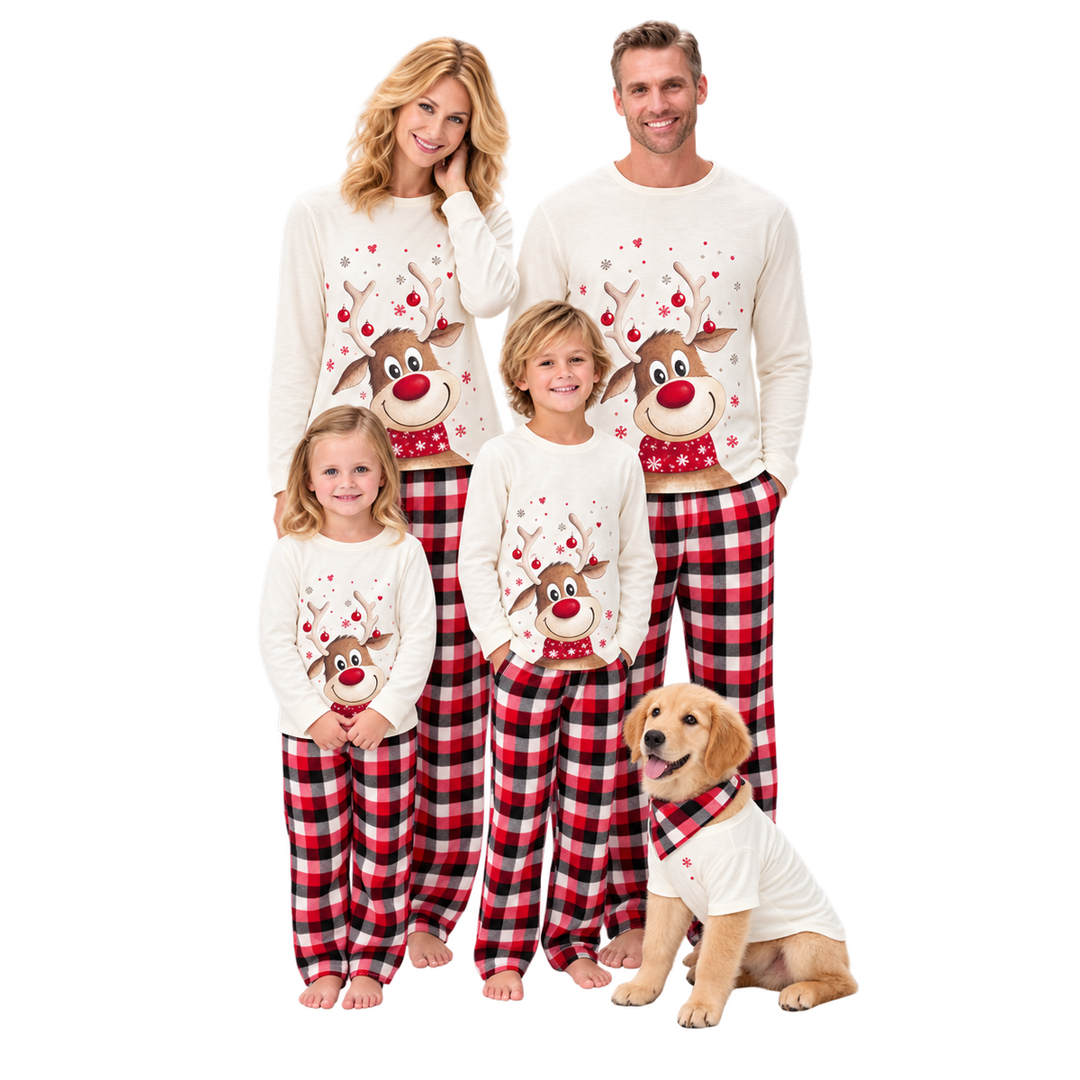 A family of four and a dog wearing matching Christmas pajamas against a solid white background. The pajamas feature a white long-sleeve top with a red and white reindeer graphic, paired with red and black plaid pants.