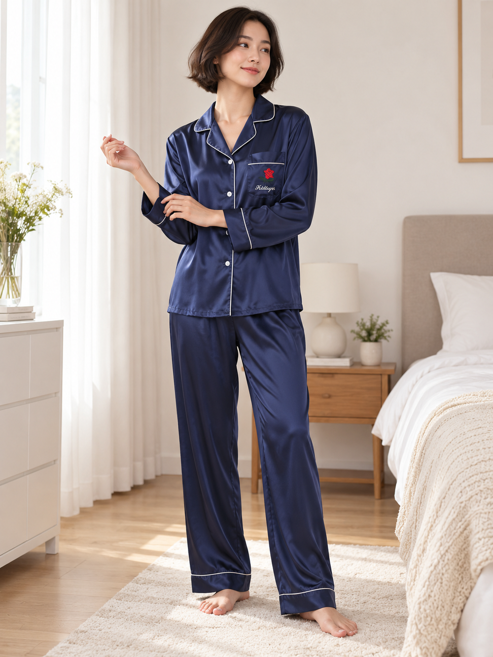 Navy Pocket Rose Silk Pajama Set