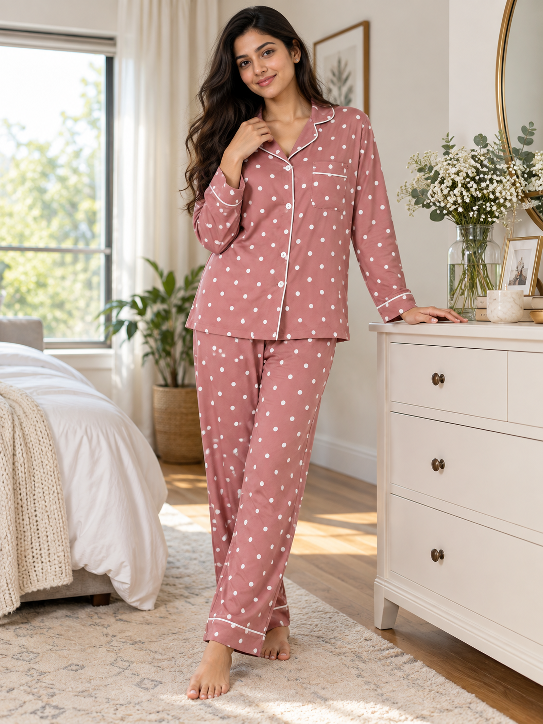 Pink Wave Point Pajama Set