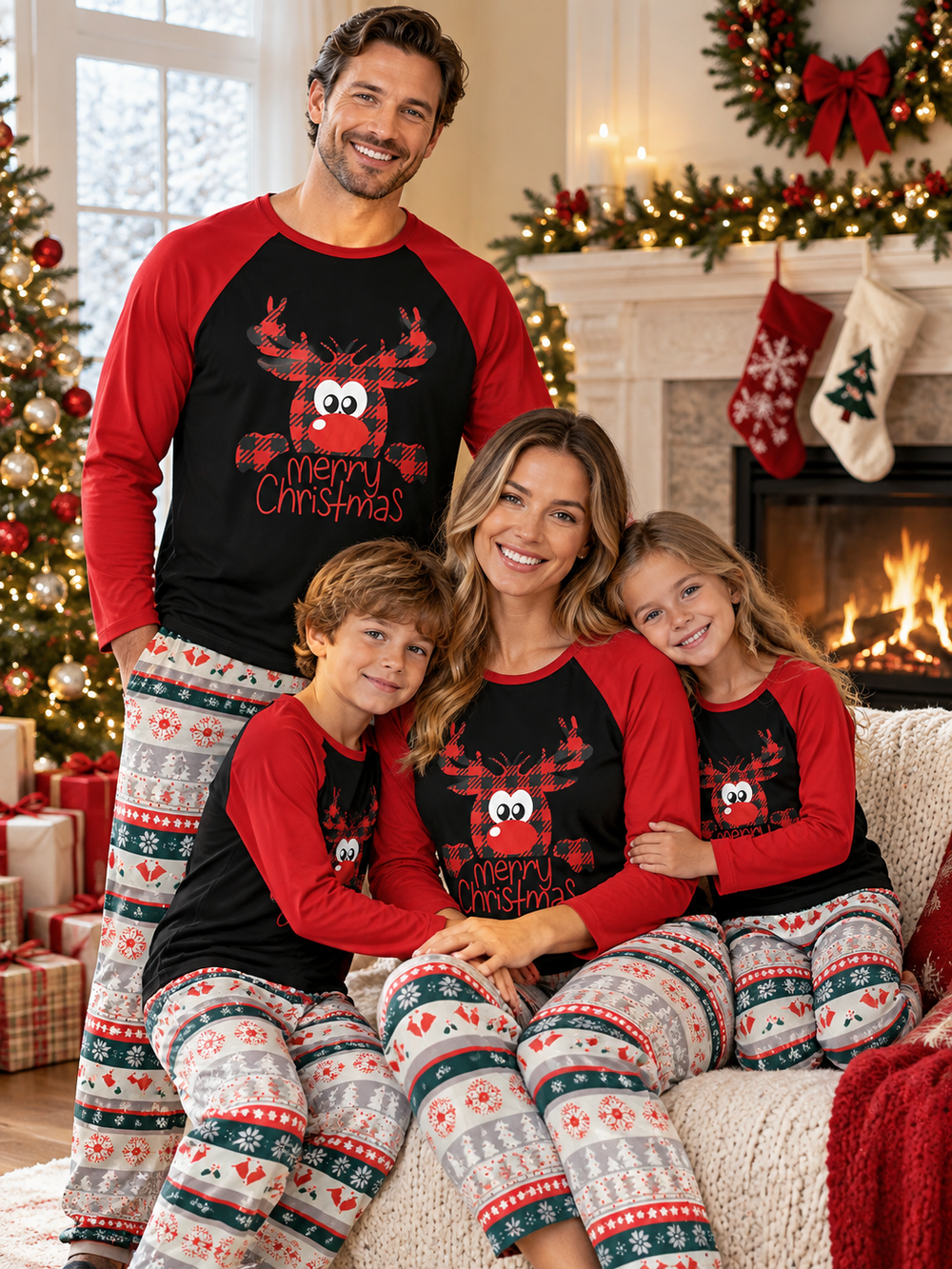 Red Christmas Deer Print Pajama Set